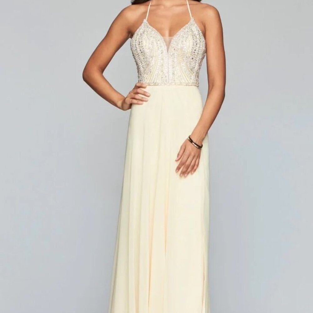 Faviana Pastel Yellow Halter Beaded A-line Lace-Up Chiffon Dress New with Tags - Picture 4 of 10